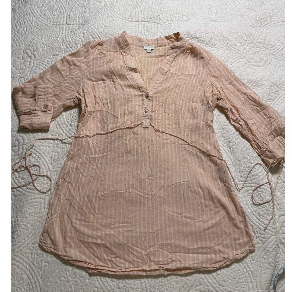 Odille Tunic Blouse Womens 10 Peach Striped Cotton Gauze Boho Roll Tab Sleeve